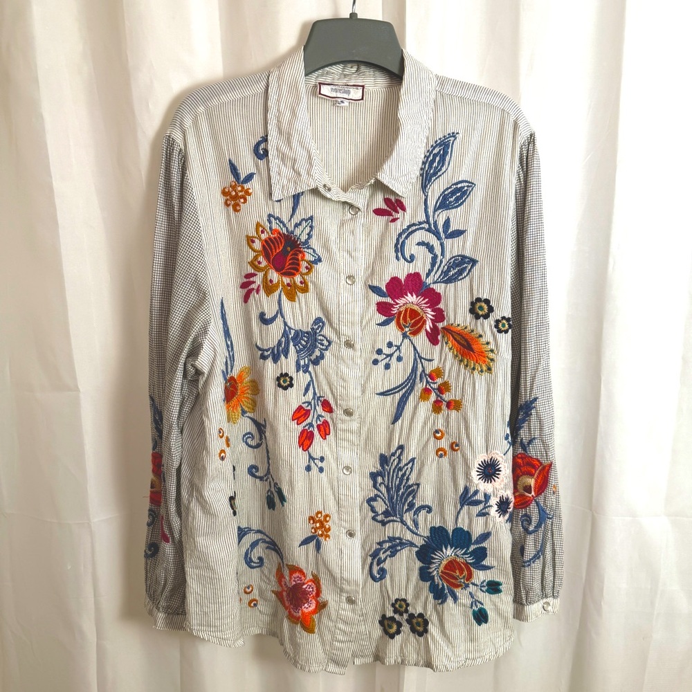 Johnny Was Workshop Boho Floral Embroidered Snap Button Long Sleeve Shirt XL